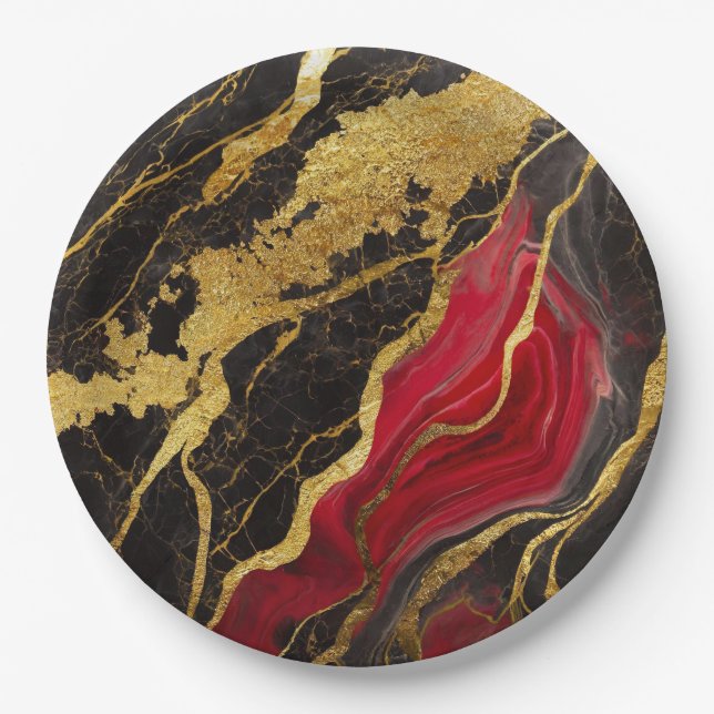 Assiettes En Carton Motif Marbre Rouge Noir avec Or (Devant)
