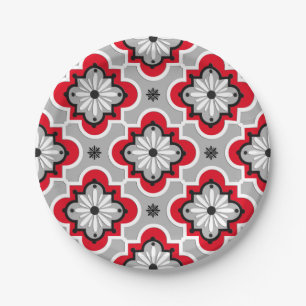 Assiettes En Carton Motif marocain en tuiles - Gris et Rouge
