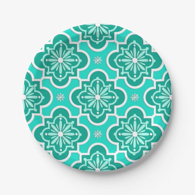 Assiettes En Carton Motif marocain en tuiles - Turquoise et Aqua (Devant)