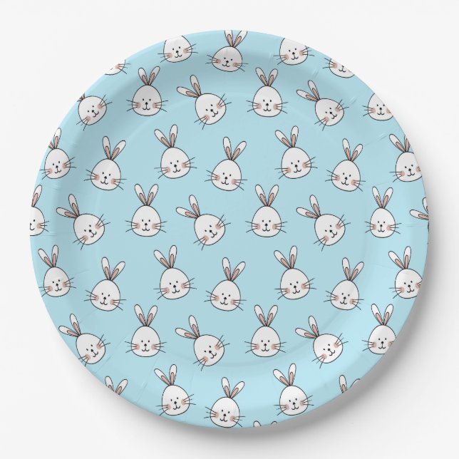 Assiettes En Carton Motif mignon face Bunny sur bleu clair (Devant)