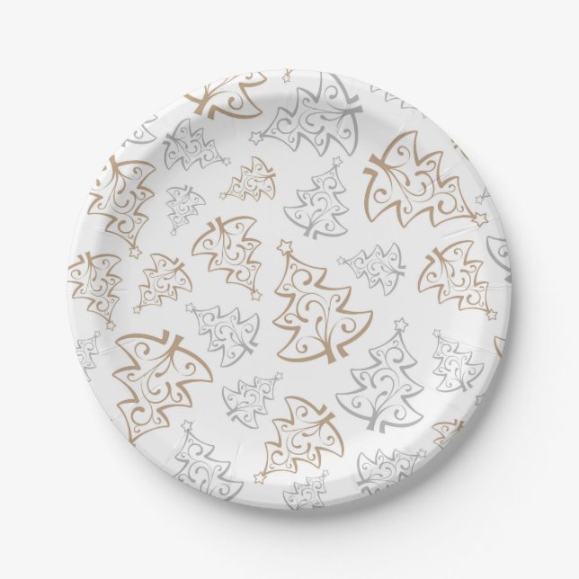 Assiettes En Carton Motif minimaliste d'arbre de Noël d'or et d'argent (Devant)