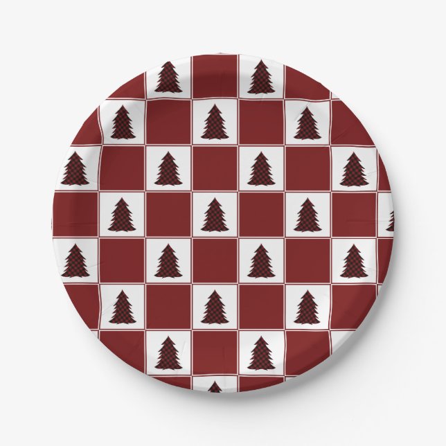 Assiettes En Carton Motif moderne Red Buffalo Plaid Christmas Tree (Devant)