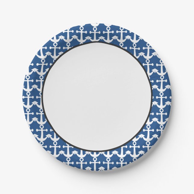 Assiettes En Carton Motif nautique | blanc et bleu (Devant)