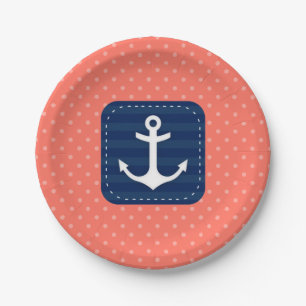 Assiettes En Carton Motif Nautique Coral Polka Ancre Bleue Marine