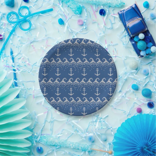 Assiettes En Carton Motif Nautique Knit (Fête)