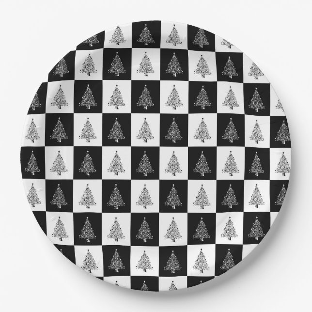 Assiettes En Carton Motif noir d'arbre de Noël blanc élégant (Devant)