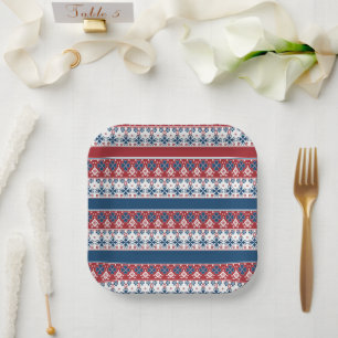 Assiettes En Carton Motif norvégien rayé bleu rouge