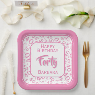 Assiettes En Carton Motif numérique aléatoire 40ème fête Rose/Blanc