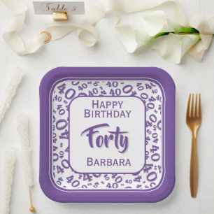 Assiettes En Carton Motif numérique aléatoire 40ème fête Violet/Blanc