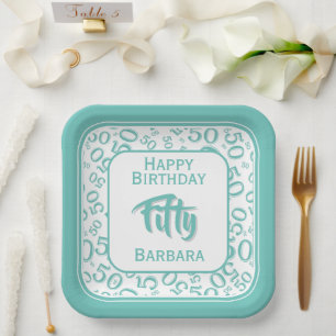 Assiettes En Carton Motif numérique aléatoire 50e fête Sarcelle/Blanc