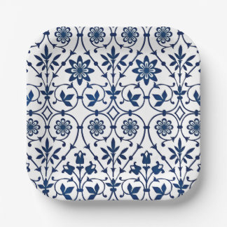 Assiettes En Carton Motif orné bleu marine sur blanc