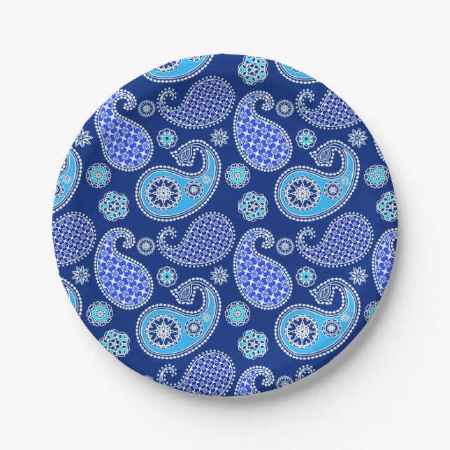 Assiettes En Carton Motif Paisley, bleu cobalt et blanc (Devant)