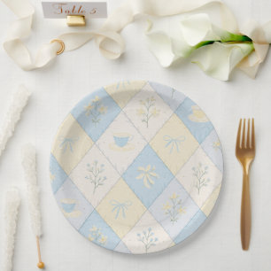 Assiettes En Carton Motif patchwork bleu et jaune pour Baby Shower mig