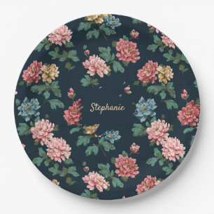Assiettes En Carton Motif Peony vintage coloré sur Arrière - plan noir