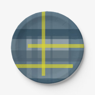 Assiettes En Carton Motif plaid bleu et jaune