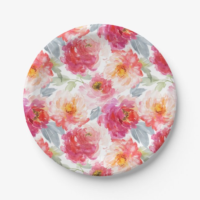 Assiettes En Carton Motif rose Aquarelle Peony (Devant)
