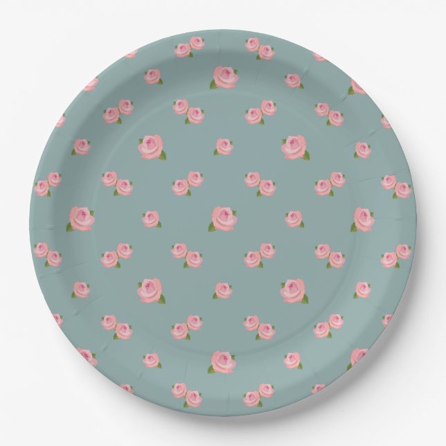 Assiettes En Carton Motif rose de roses sur Teal léger (Devant)