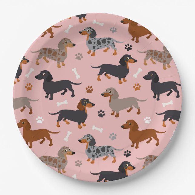 Assiettes En Carton Motif rose des pattes et des os de Dachshund (Devant)