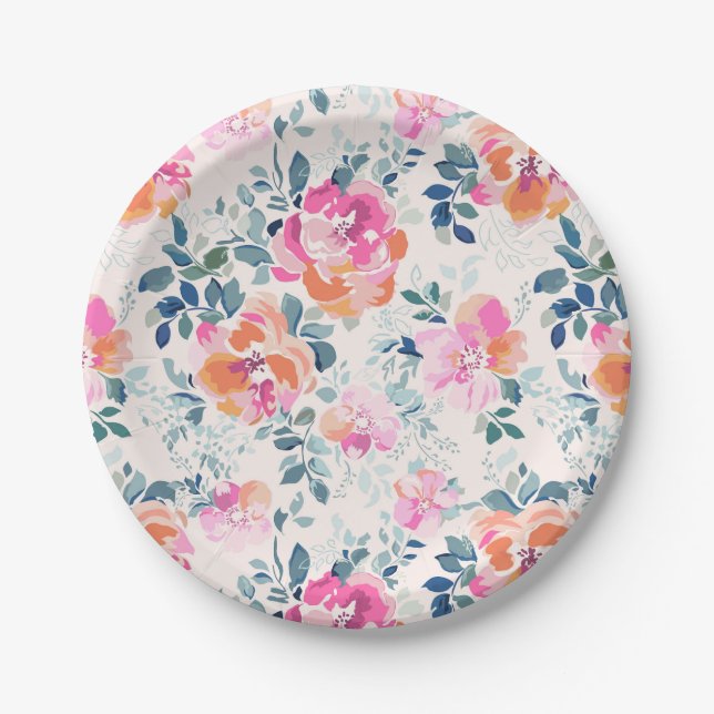 Assiettes En Carton Motif rose et Turquoise (Devant)