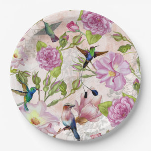 Assiettes En Carton motif Rose vintage Fleurs et colibris