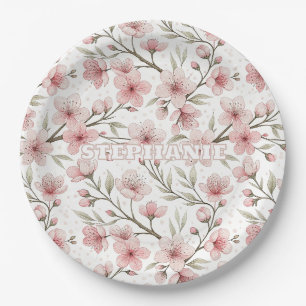 Assiettes En Carton Motif Sakura en fleurs de cerises roses sur blanc