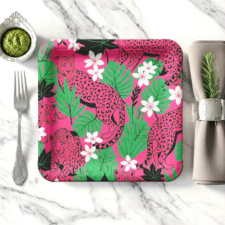 Assiettes En Carton Motif sans couture de léopard rose vif tropical ju