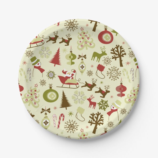Assiettes En Carton Motif sans couture de rétro croquis de Noël (Devant)