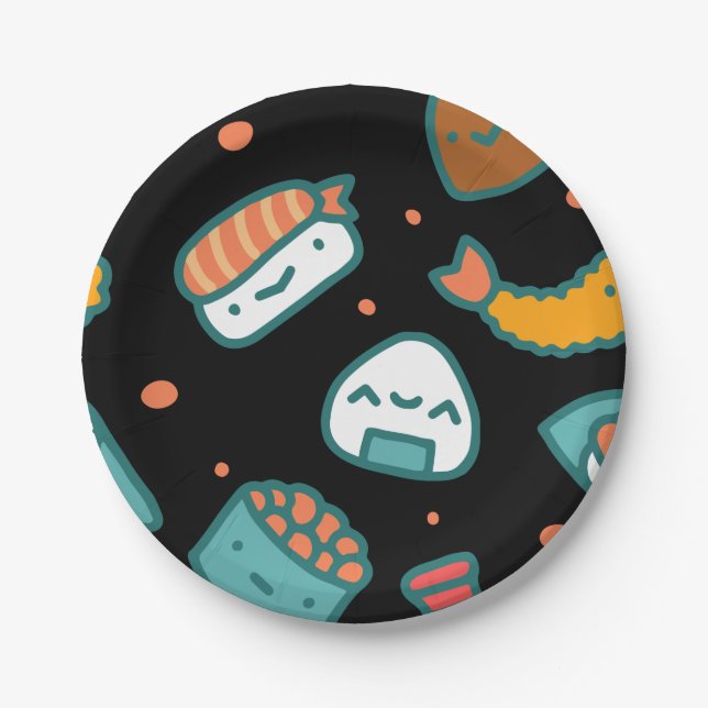 Assiettes En Carton Motif sans couture heureux mignon de sushi sur le (Devant)