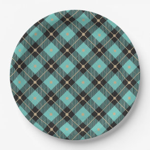 Assiettes En Carton Motif tendance Black Aqua Plaid