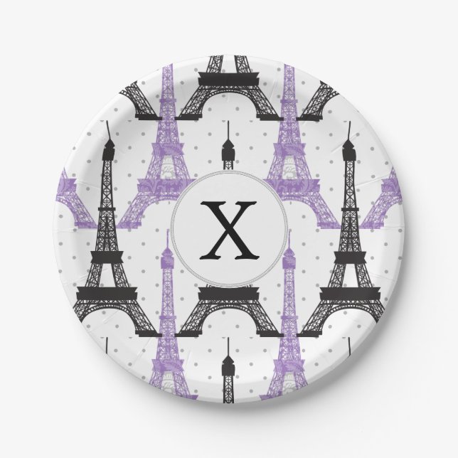 Assiettes En Carton Motif Tour Eiffel Chic violet Monogram (Devant)