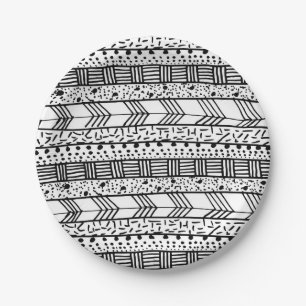 Assiettes En Carton Motif tribal tiré par la main blanc noir chic