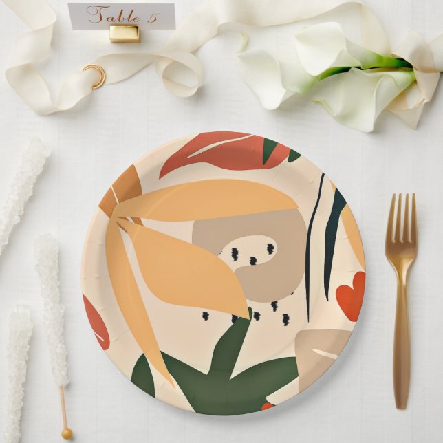 Assiettes En Carton Motif tropical esthétique beige (Mariage)