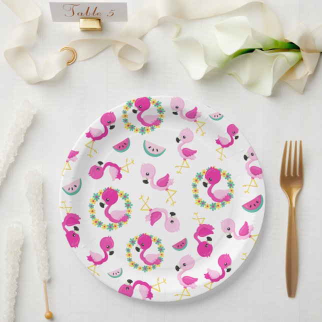 Assiettes En Carton Motif tropical, Flamants roses, pastèques, Fleurs (Mariage)