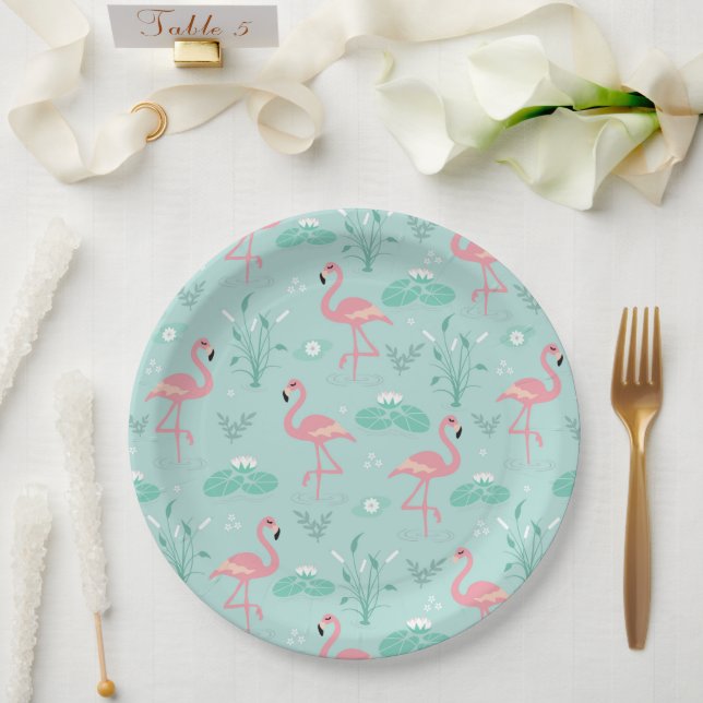 Assiettes En Carton Motif vert Flamants roses rose Pastel (Mariage)