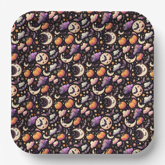 Assiettes En Carton Motif Whimsical Halloween Night Sky (Recto)