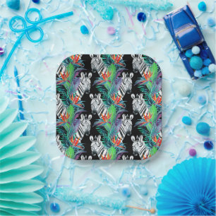 Assiettes En Carton Motif Zèbre Et Fleurs Exotiques