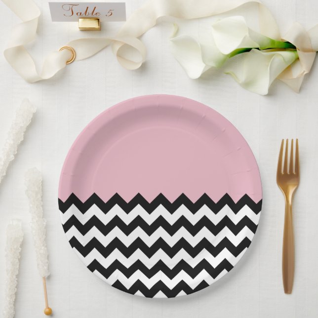 Assiettes En Carton Motif Zigzag noir et blanc, Chevron, rose (Mariage)