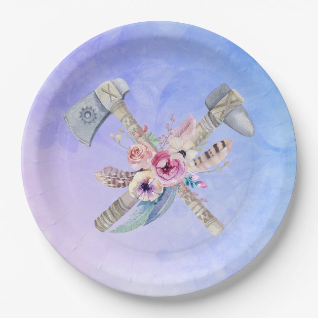 Assiettes En Carton Motifs et fleurs Tomahawk Aquarelle Design (Devant)