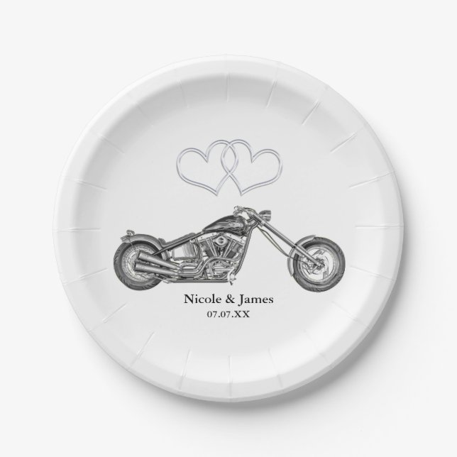 Assiettes En Carton Moto & Coeurs d'argent Mariage de moto (Devant)