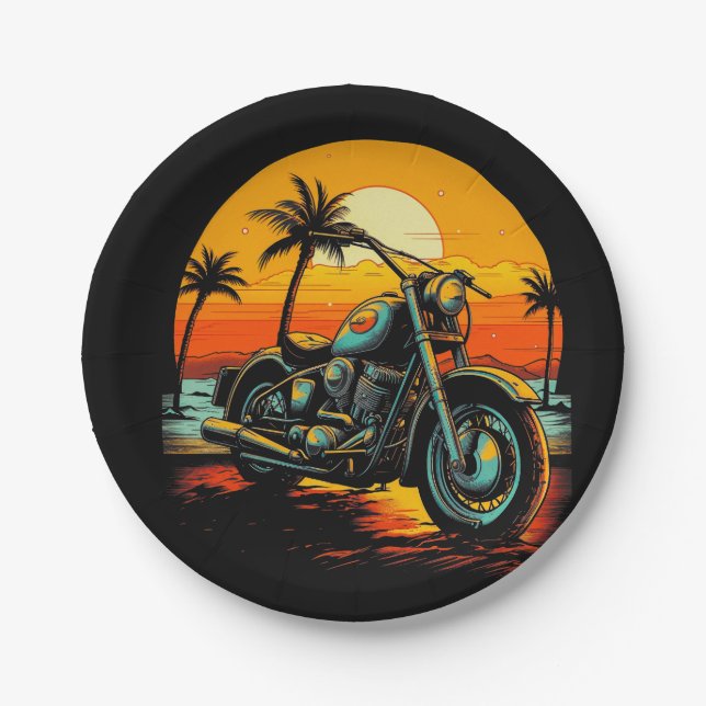 Assiettes En Carton moto-est garée-plage-avec-palmiers (Devant)