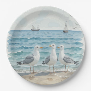 Assiettes En Carton Mouettes d'aquarelle à la plage Océan côtier