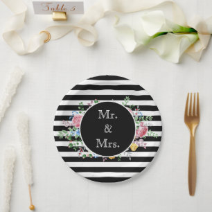 Assiettes En Carton Mr & Mrs Black and White Striped Flowers Classic