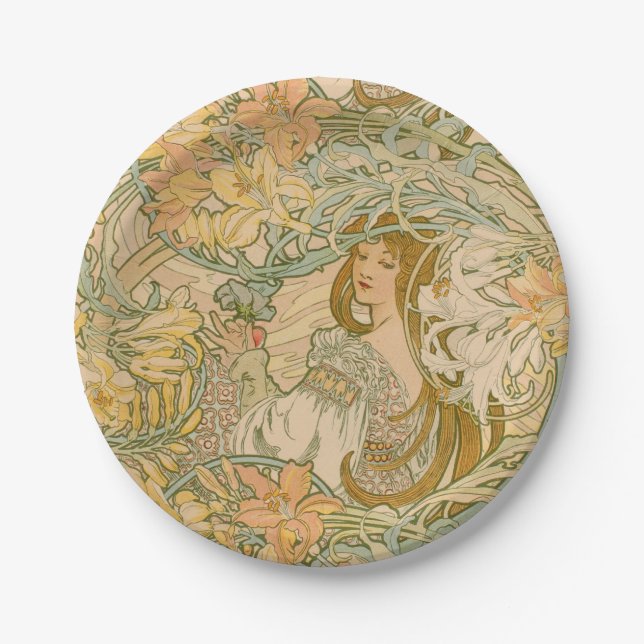 Assiettes En Carton Mucha Langue des Fleurs Lys Art Nouveau (Devant)
