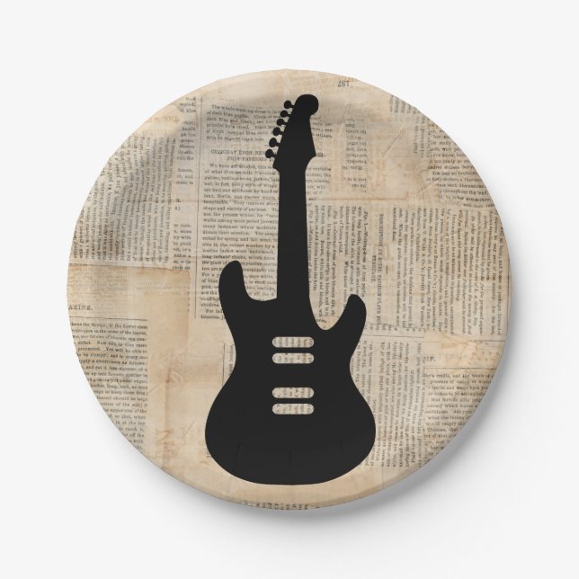 Assiettes En Carton Musique de guitare électrique avec texte de journa (Devant)
