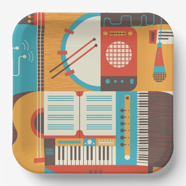 Assiettes En Carton Musique Guitare Piano coloré (Recto)