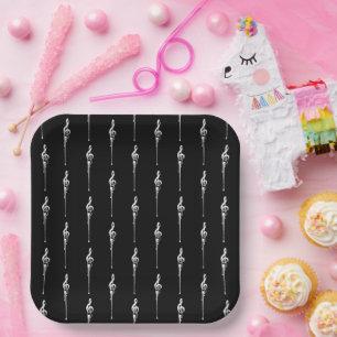 Assiettes En Carton Musique Motif Melting Treble Clef Blanc et Noir