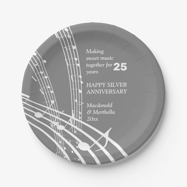 Assiettes En Carton MUSIQUE SWEET moderne Joyeux anniversaire d'argent (Devant)