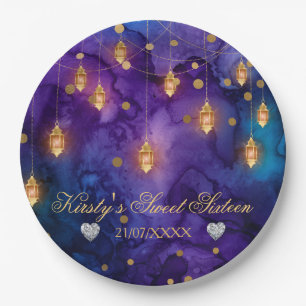 Assiettes En Carton Mystic Purple Blue Lanterns & Gold Bokeh Sweet 16