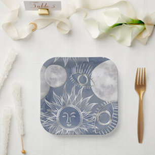 Assiettes En Carton Mystique solaire   Dusty Blue Silver Moon Stars So