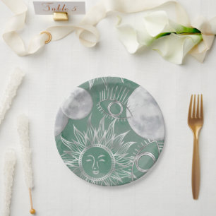 Assiettes En Carton Mystique solaire   Dusty Green Silver Moon Stars S